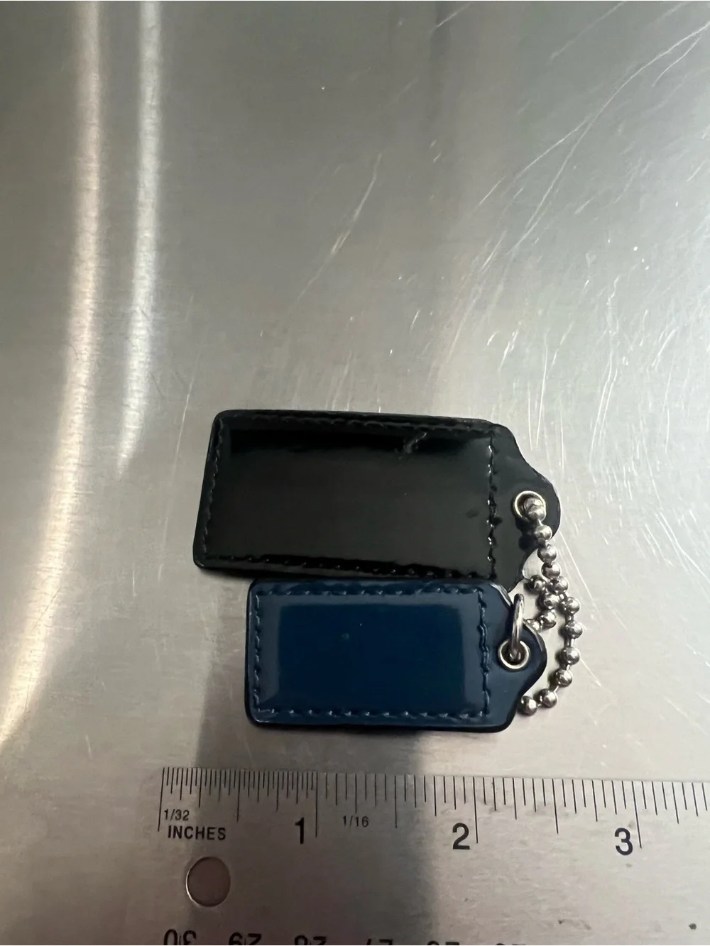 Coach Black and Navy Leather Key Tag Duo with Chain